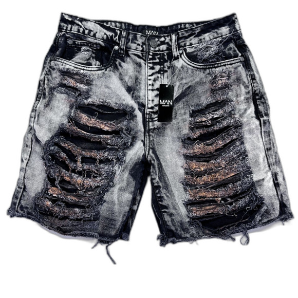 BoohooMAN Relaxed Rigid Extreme Ripped Tinted Denim Jorts‎ In Mid Grey Size 30 - Picture 1 of 12